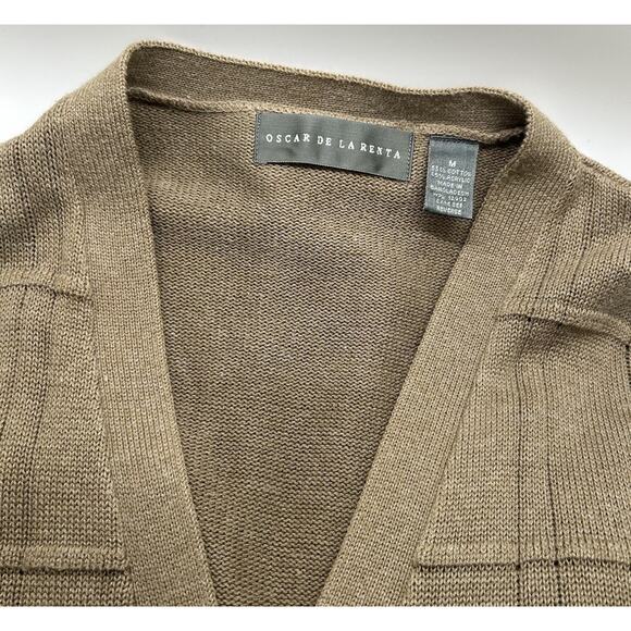 Y2K Oscar De La Renta Cardigan Sweater Mens Medium Tan Oatmeal V-Neck Cotton - Picture 1 of 9